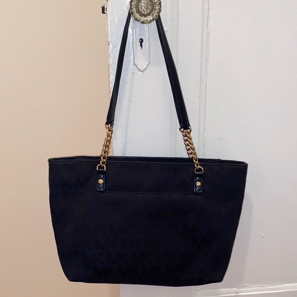 Michael Kors Black MK Logo Tote with Gold Chain Straps